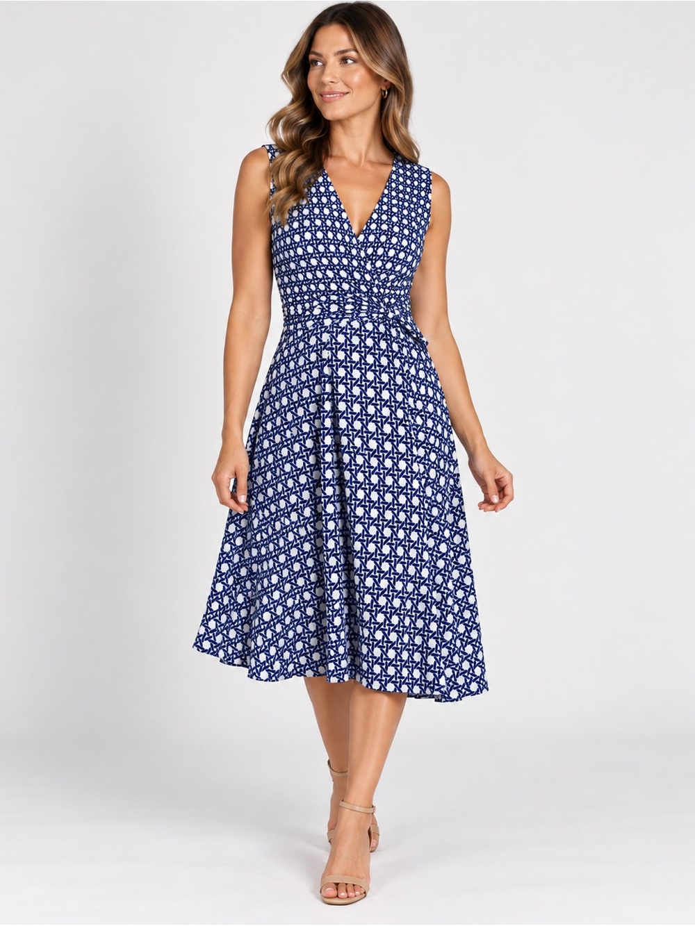Leota Cindy Lattice Print V-Neck Flowy Midi Dress Size Large